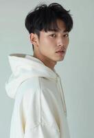 Young Korean Man in White Hoodie Posing Against Neutral Background photo