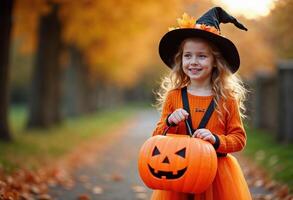 Smiling Girl in Witch Costume Holding Pumpkin on Halloween with copy space photo
