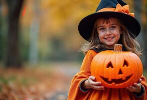 Smiling Girl in Witch Costume Holding Pumpkin bucket on Halloween, copy space photo