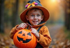 Smiling Boy in Witch Hat Holding Pumpkin Bucket for Halloween photo