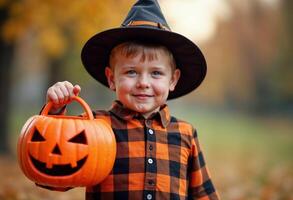 Smiling boy in a witch hat holding a jack-o'-lantern bucket during Halloween. photo