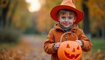 Smiling Boy in Witch Hat Holding Pumpkin Bucket for Halloween, copy space photo