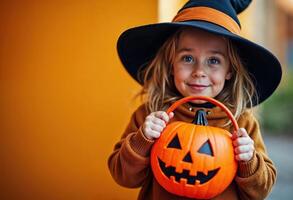 Smiling girl in a witch costume holding a pumpkin bucket, autumn background photo
