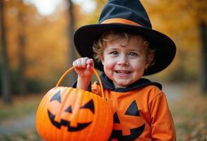 Smiling boy in a witch hat holding a pumpkin bucket during Halloween. photo