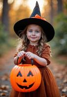 Happy girl dressed as a witch, holding a pumpkin bucket for Halloween photo