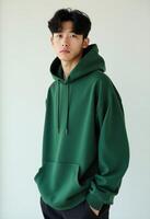 Young korean man in a green hoodie and glasses looking at the camera photo