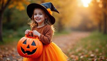 A young girl dressed in a witch costume, holding a pumpkin bucket, copy space photo