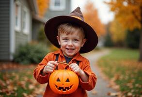 A young boy wearing a witch hat, smiling while holding a pumpkin bucket photo