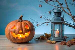 A halloween pumpkin with a lantern and a candle photo