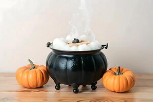 A cauldron with pumpkins and a pumpkin on a table photo