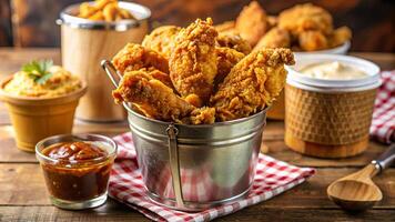 Fried chicken in a bucket with dipping sauce photo