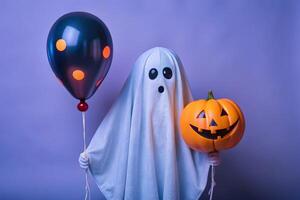 A ghost holding a pumpkin and a balloon photo