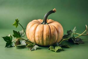 A pumpkin sitting on a green background with ivy photo