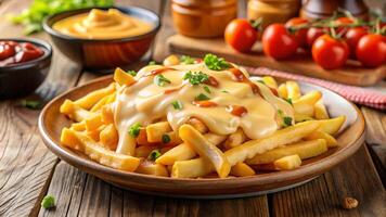 French fries with cheese sauce and tomatoes on a wooden table photo