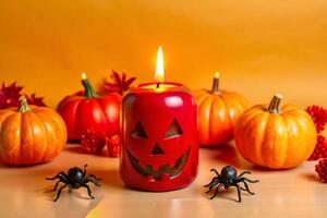A halloween candle with a jack o lantern face and spider photo