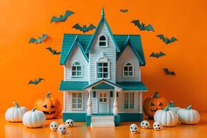A halloween house with pumpkins and bats on an orange background photo