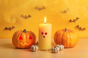 Candle with halloween pumpkins and a ghostly face photo