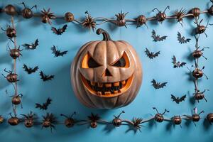 A halloween pumpkin surrounded by bats and spiders photo