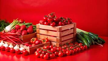 A red background with crates of vegetables photo