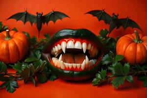 Halloween decorations with bats and teeth photo