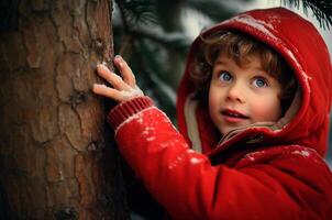 A boy in a red jacket plays outside near a tree in winter photo