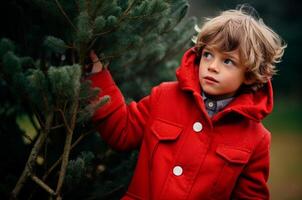 A boy in a red jacket plays outside near a christmas tree in winter photo
