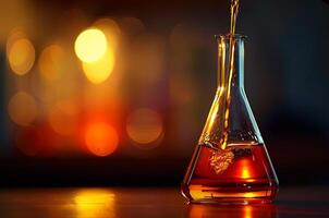 A solution is poured into a flask, laboratory photo