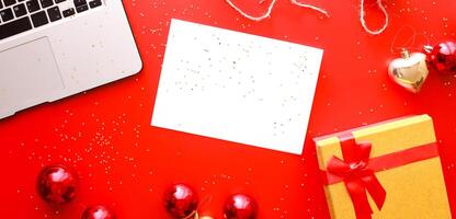 Banner Christmas card mockup. Online purchase of gifts. Flatly christmas on red background photo