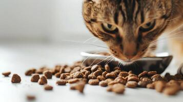 A playful cat eagerly approaches a bowl filled with dry food, surrounded by scattered kibble on a neat white surface, hinting at its appetite and curiosity photo