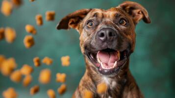 A happy dog with an excited expression sits eagerly, watching treats scatter around in the air, embodying pure joy and playful energy at home photo