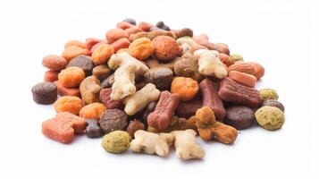 A colorful assortment of dry pet food is arranged chaotically against a stark white background. The mix includes various shapes and flavors, ideal for pets photo