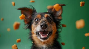 A joyful dog sits with an excited face, surrounded by floating dog treats, capturing a playful and vibrant atmosphere in a cozy indoor space photo