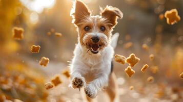 A cheerful dog leaps in mid-air, excitedly attempting to catch pieces of dog food that scatter around during a bright autumn day. The atmosphere is vibrant and lively photo