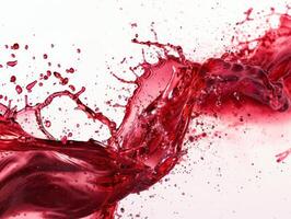A striking splash of red wine bursts energetically against a white background, highlighting the rich color and dynamic movement of the liquid as it disperses photo