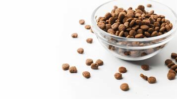 Dry cat food is shown in a clear bowl with several pieces scattered around it on a bright white surface, highlighting the texture and shape of the kibble photo