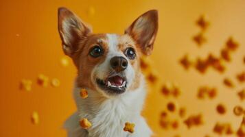 A happy dog showcases a beaming smile while sitting with excitement as colorful treats scatter around, creating a cheerful atmosphere full of joy photo