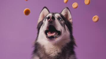 A cheerful malamute sits eagerly with its mouth open, ready to catch flying treats in a bright purple setting. Its exuberance captures pure joy and playfulness photo