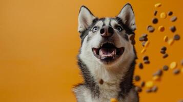 This exuberant husky eagerly catches treats falling from the air, displaying a big smile and bright blue eyes. The bold orange background enhances its joyful demeanor photo