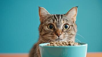 The cat displays a bewildered look while sitting in front of its bowl filled with dry food. The vivid blue background enhances the playful atmosphere of mealtime photo