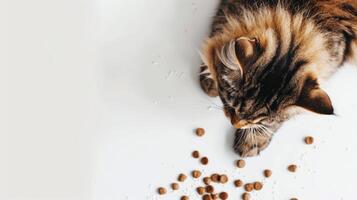 A curious cat explores scattered dry food on a bright white backdrop, showcasing its playful nature. Its fur reflects patterns of light and shadows photo