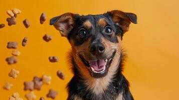 This happy dog radiates joy with its playful demeanor, eagerly waiting as delicious treats are thrown into the air, set against a vibrant orange background photo