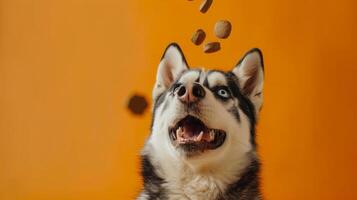 A cheerful husky sits under an orange background, eagerly trying to catch flying treats with a big smile. Its playful nature is on full display photo