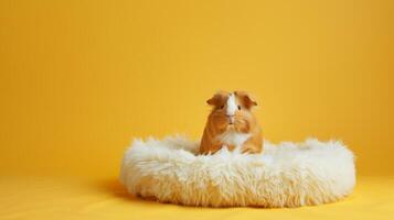 This setting features a premium, soft guinea pig bed that provides a warm and inviting space for pets. The bright yellow backdrop enhances the comfort of the cozy bedding photo
