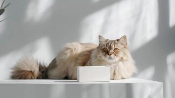 A fluffy feline relaxes comfortably next to a minimalist package of cat food, enjoying the warm sunlight streaming through the room's windows photo