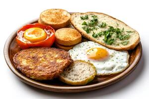 View of fried eggs, bread, tomatoes, and various vegetables cooked on a wooden plate photo