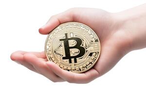 View of hand holding bitcoins on white background for advertisement photo
