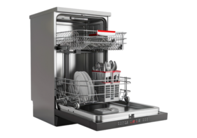 A dishwasher with a full load of dishes png
