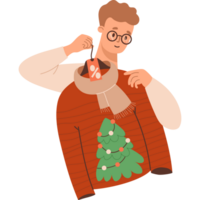 Shopping. Man trying on ugly Christmas sweater with tree on sale png