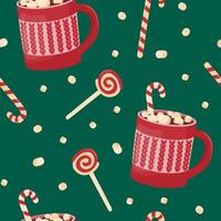 Seamless pattern. Festive cute mugs with hot cocoa,chocolate, marshmallows and sweets. vector