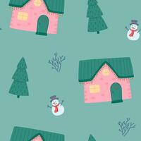 Seamless pattern of colorful houses and fir trees. vector
